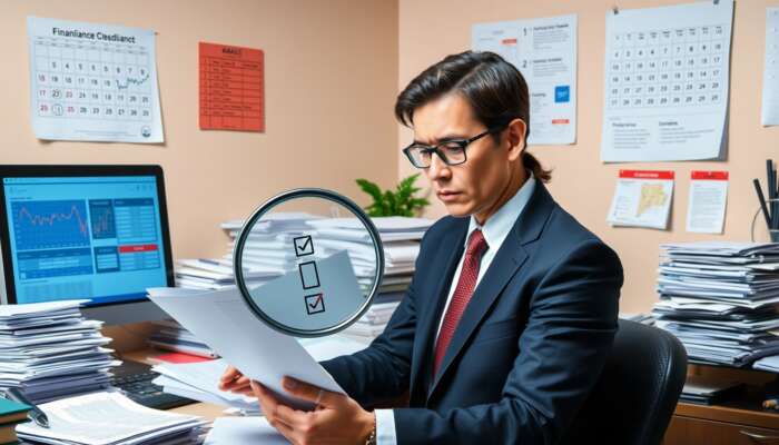 A financial compliance officer reviewing documents with a magnifying glass over a compliance checklist in an office filled with paperwork and a computer screen showing financial data.