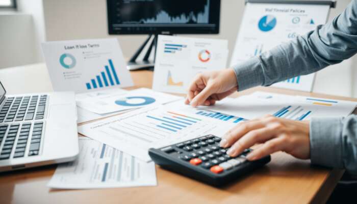 A person organizing financial documents on a desk with a calculator and laptop, surrounded by charts and graphs related to loan terms and renewal policies in a modern office.