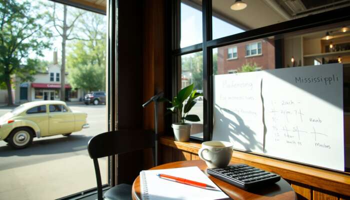 Cozy coffee shop interior in Mississippi with a steaming cup of coffee, notepad, and calculator, highlighting comfort and financial support.