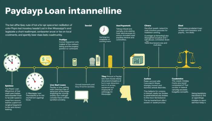 Timeline illustrating the evolution of the payday loan industry in Mississippi, highlighting key milestones and legislative changes with symbols representing money, time, justice, and local maps.