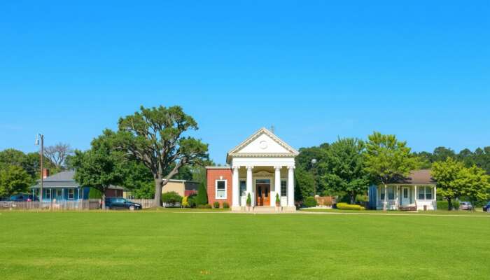 Mississippi landscape with a small town bank showcasing Southern architecture, lush greenery, and a clear blue sky, reflecting community and financial stability.