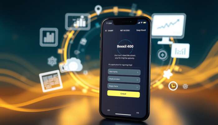 Futuristic digital lending platform interface on a smartphone, illustrating a streamlined application process with abstract technology and finance elements in the background.
