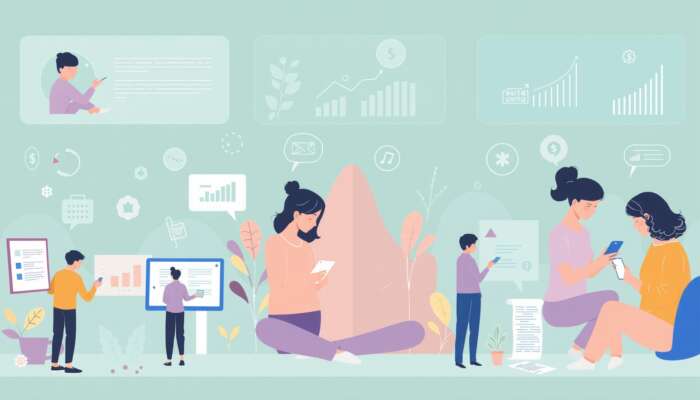 A diverse group of individuals engaging with various online loan alternatives on their devices, highlighting accessibility and flexibility in borrowing.