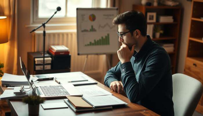 A person analyzing financial options at a desk with a laptop, documents, and a calculator, displaying a focused expression in a cozy atmosphere.