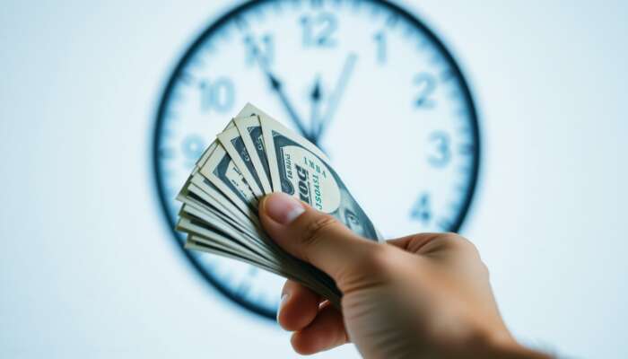 A hand holding crisp cash with a blurred clock in the background, symbolizing urgency and quick financial solutions.