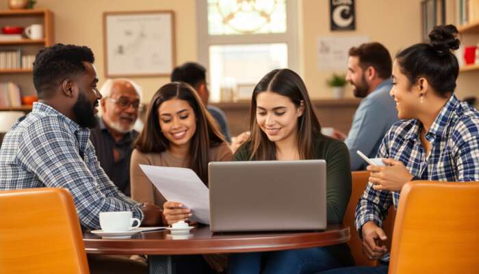 A diverse group of people in a cozy coffee shop discussing loans and financial planning, with a young woman reviewing documents on a laptop, symbolizing community and financial awareness.