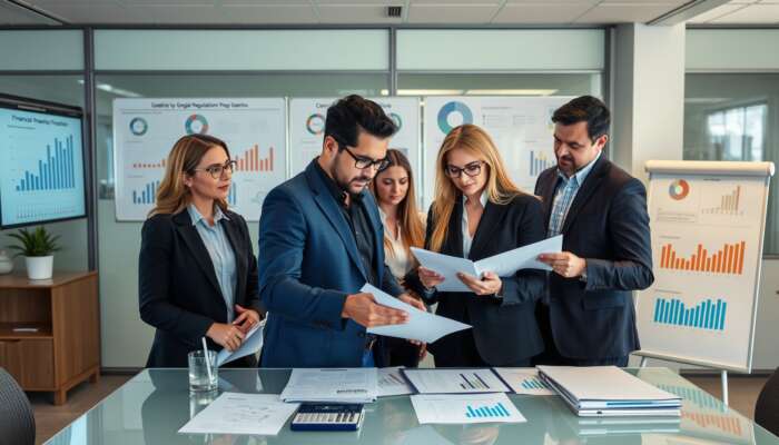 A diverse group of professionals in a modern office discussing compliance with payday loan regulations, surrounded by charts and graphs related to financial oversight.
