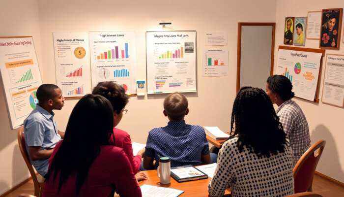 A diverse group of individuals participating in a community workshop focused on financial literacy, with educational materials and visuals about high-interest loans, alternatives, and repayment options in a welcoming setting.