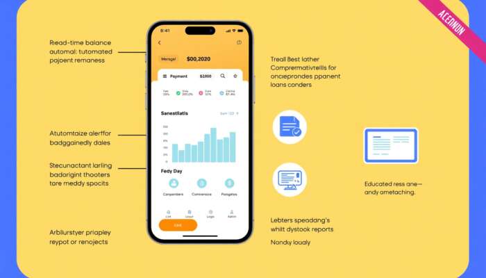 Mobile app interface showcasing real-time balance tracking, automated payment reminders, budgeting tools, customizable alerts, secure account linking, comprehensive spending reports, and education resources on payday loans in a vibrant design.