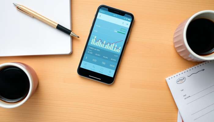 Smartphone showing a financial tracking app interface with graphs and balance indicators on a wooden desk with a notepad, pen, and coffee cup, symbolizing productivity and financial management.