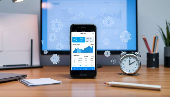 Smartphone displaying an app for payday loan monitoring with graphs and financial symbols on a modern desk.