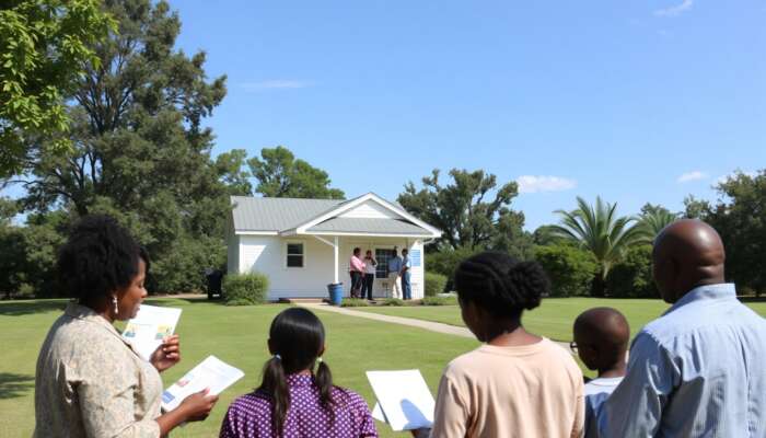 A family reviews financial aid documents outside a community center in Mississippi, surrounded by greenery, symbolizing hope and support.
