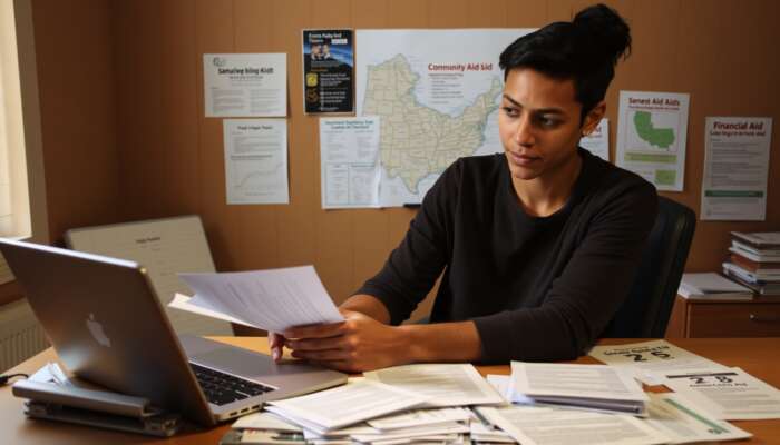 A person researching financial aid options at a desk with paperwork, a laptop, a state map, and community organization flyers, displaying a focused expression in warm lighting.