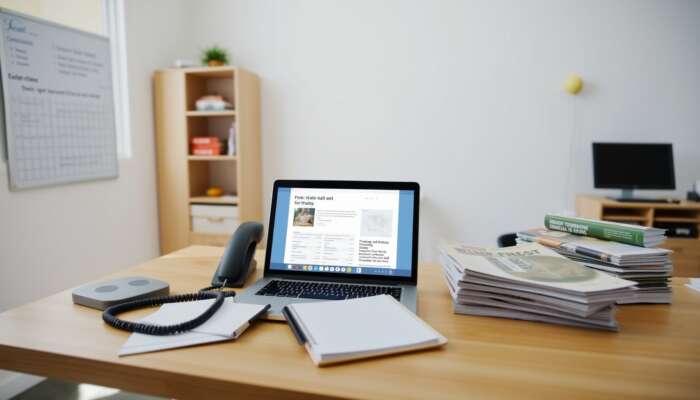 A bright home office with a laptop showing a state government website, a phone, a notepad for notes, and brochures about financial aid programs on an organized desk.