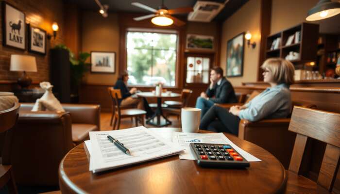 Cozy coffee shop interior with warm lighting, featuring a seating area and a table with financial documents and a calculator, symbolizing personal finance and loan discussions.