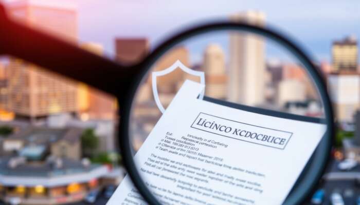 Magnifying glass over a licensing document with a shield symbolizing protection, set against a blurred cityscape representing the financial landscape.