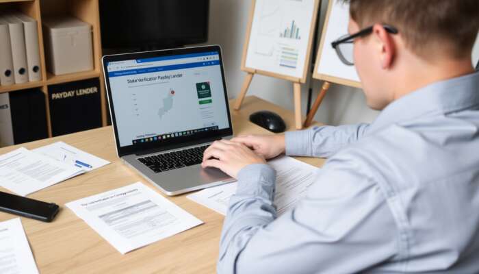 Individual using a laptop at a desk with organized documents, focused on navigating a state verification website for payday lender information.