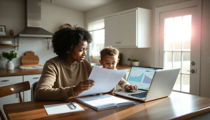 A single parent and child reviewing financial documents at a kitchen table in Mississippi, with a laptop showing graphs of improved credit scores, bathed in warm sunlight.