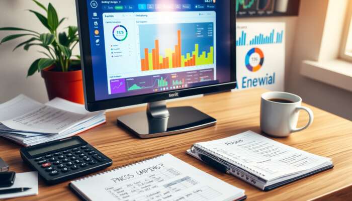 A well-organized workspace with a computer showing colorful financial charts, a notebook with notes, a calculator, and a coffee cup, highlighting credit progress tracking.