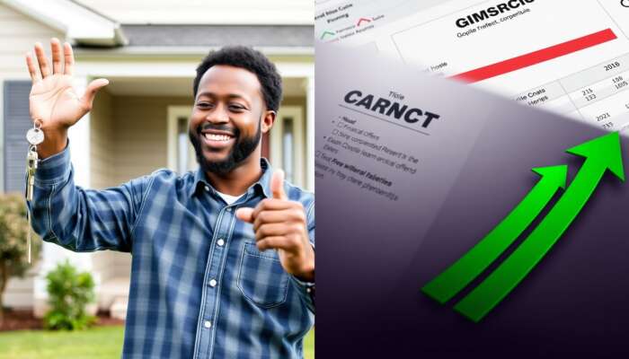 Single father in Mississippi celebrating with keys in front of a new home, alongside a credit report showing improved scores and symbols of financial opportunities like loan offers and housing options.