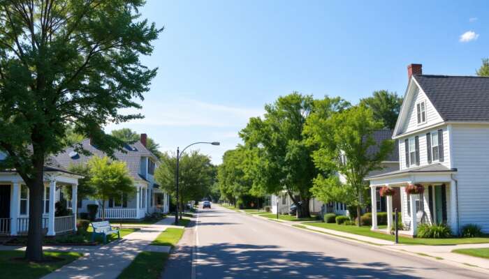 Serene Mississippi small-town street with charming houses and greenery, symbolizing community and financial stability.