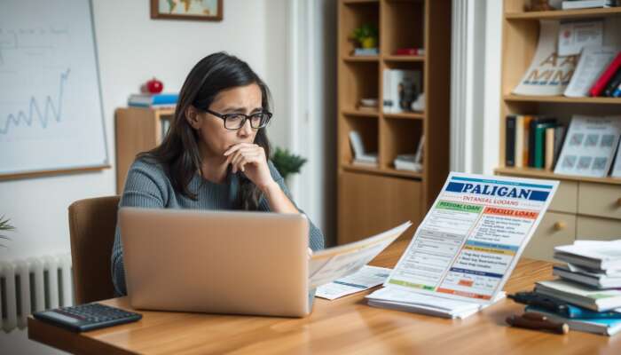 Person comparing personal loan application and payday loan flyer at a table with a laptop and paperwork, looking concerned in a cozy room filled with financial books and a calculator.