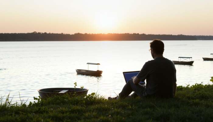 Person sitting on the grass by the Mississippi riverbank at sunset, using a laptop surrounded by lush greenery and wooden boats.