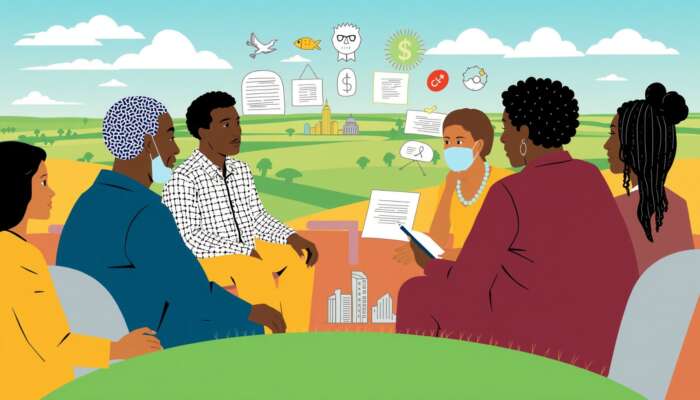 A diverse group of Mississippi residents discussing eligibility criteria for emergency funds, with symbols of financial hardship and community support in a Mississippi landscape.