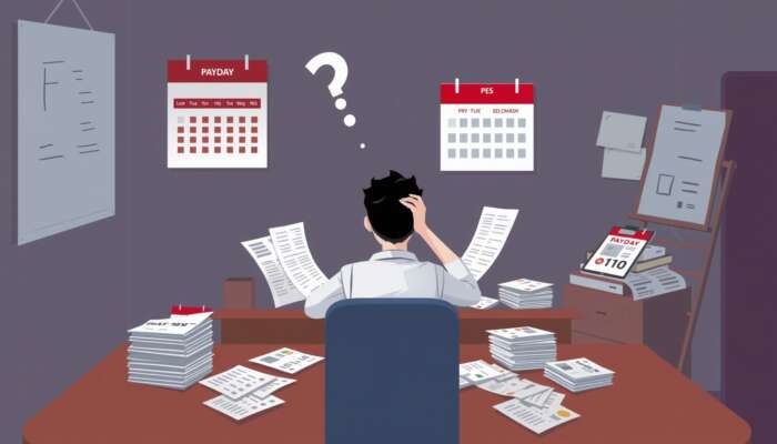 A stressed individual at a desk surrounded by bills and loan documents, with a calendar indicating an approaching payday, symbolizing financial uncertainty and pressure.