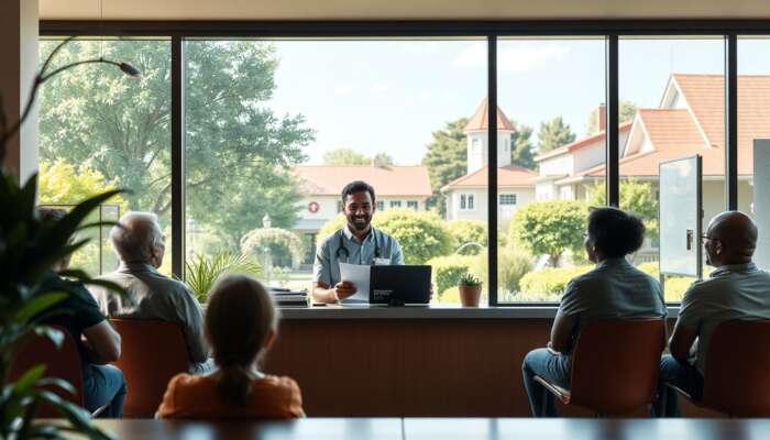 A friendly loan officer assists a diverse group of residents in a community bank in Mississippi, surrounded by lush greenery and local architecture, highlighting a supportive environment for financial growth.