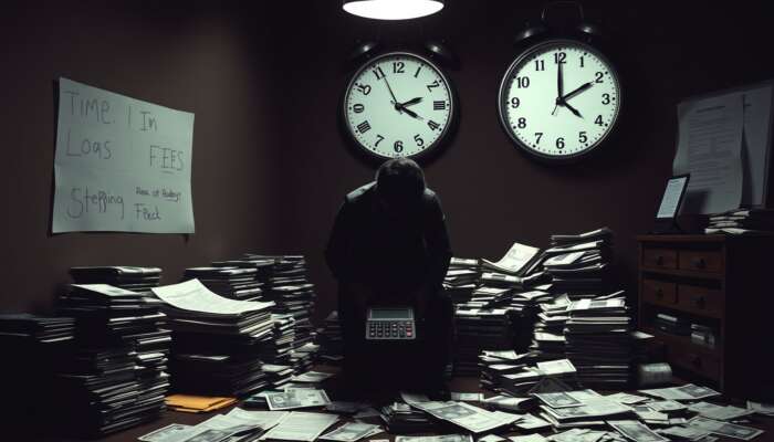 A shadowy figure in a dim room surrounded by cash and loan agreements, with a calculator showing high fees, while a distressed individual stares at unpaid bills, symbolizing the cycle of debt caused by illegal payday lending.