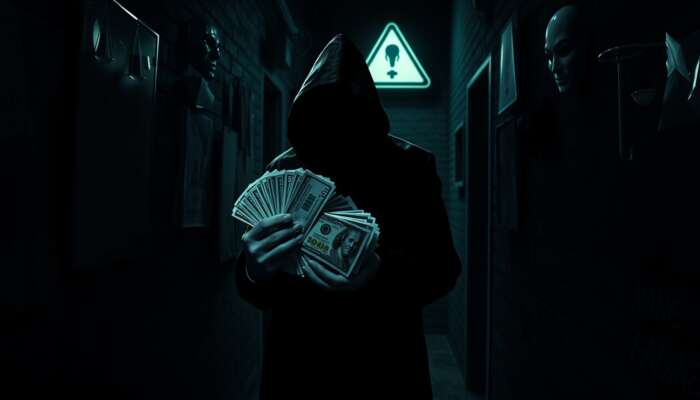 A shadowy figure in a dark alley holding cash, surrounded by symbols of deception like broken scales and masked faces, with a warning sign glowing in the background.
