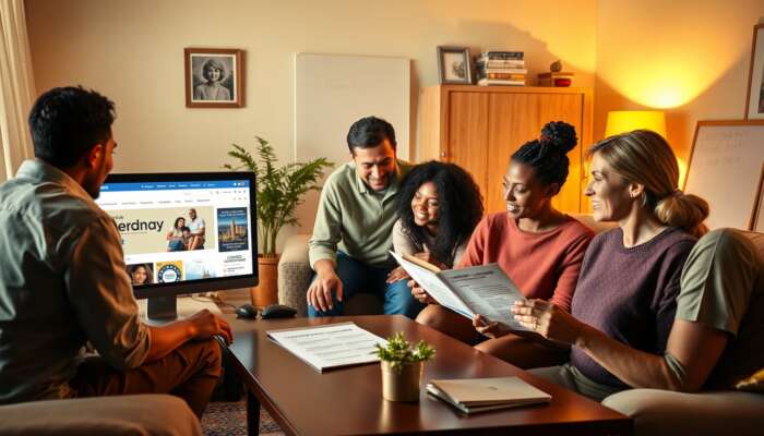 Diverse individuals researching payday lenders at home, with a computer showing a government website, a printed list of licensed lenders, and a discussion about consumer rights, all in a warm, empowering atmosphere.