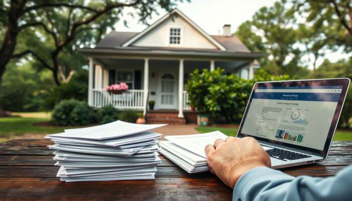 A cozy Mississippi home with a welcoming porch surrounded by greenery, featuring a stack of organized paperwork and an open laptop displaying a government website, symbolizing financial planning and low-interest loan applications.