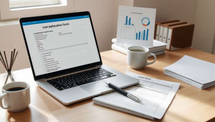 A tidy workspace featuring a laptop displaying a loan application form, alongside documents like proof of income and tax returns, a pen, and a coffee cup, all bathed in soft natural light.