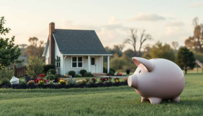Cozy Mississippi home with a garden and piggy bank in the foreground, symbolizing financial stability and preparedness for emergencies.