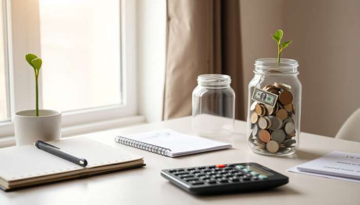 A peaceful desk scene with a notebook, calculator, and plant, showcasing a savings jar being filled with coins and bills in soft natural light.