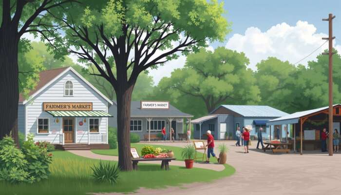 A picturesque Mississippi small-town scene featuring local businesses, a modest home, and a farmer's market, illustrating the area's economic conditions and community engagement.