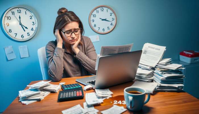 Stressed person at a cluttered table with bills and a laptop, holding a payday loan document, symbolizing financial chaos and the challenges of loan rollovers.