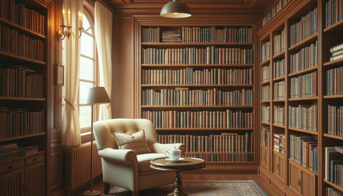 Cozy library with vintage bookshelves and a reading nook, symbolizing financial education and the benefits of avoiding rollovers for borrowers.