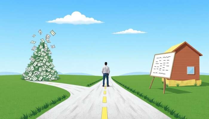 A person at a crossroads, one path leading to a pile of bills symbolizing debt from payday loan rollovers, and the other path showing a clear road to financial stability, illustrating the consequences of financial choices.