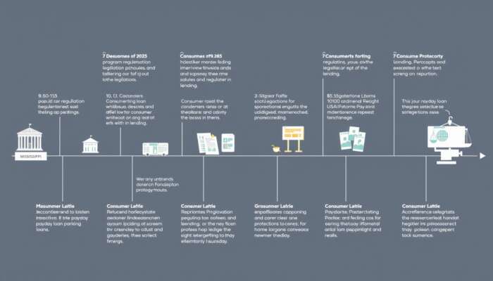 Historical timeline of Mississippi payday loan regulations showing key legislative milestones and themes of consumer protection, fairness, and accountability in lending.