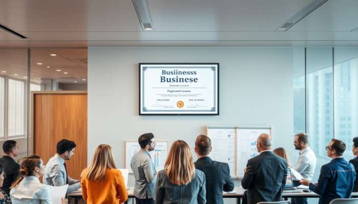 A modern office building showcasing a "Business License" certificate, with a diverse group of people engaged in discussion over financial documents in an urban environment.