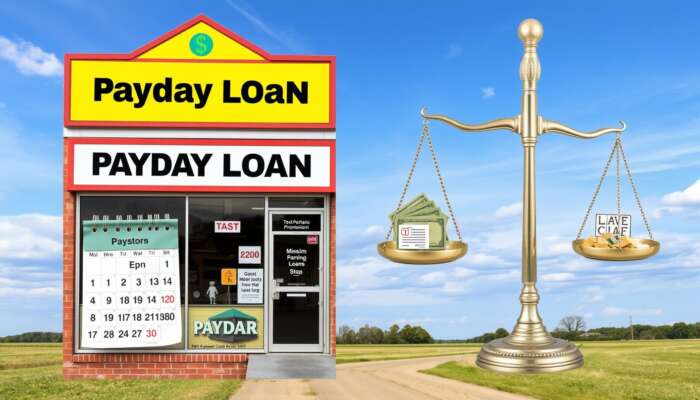 Collage illustrating payday loan storefront, a calendar highlighting loan durations, and a scale balancing money with consumer protection symbols, set in a Mississippi landscape.