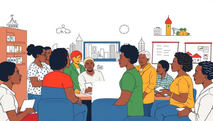 Diverse individuals receiving financial assistance at a community center in Mississippi, surrounded by symbols of homes, food, and educational materials representing various support programs.