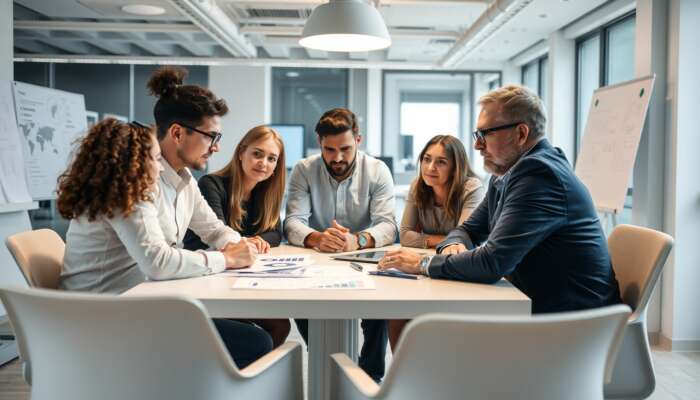 A diverse group of individuals engaged in a discussion about financial documents and charts in a modern office setting.