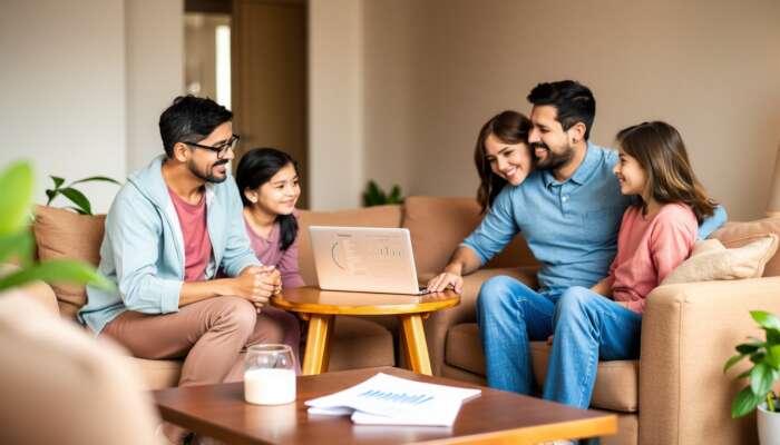 A family in a cozy living room discussing financial matters around a coffee table, with a laptop displaying a budgeting plan.