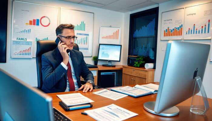A person in an office discussing loan repayment options over the phone, surrounded by financial documents and charts, conveying urgency and professionalism.