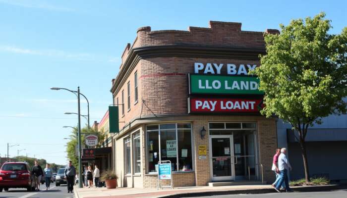A vibrant Mississippi street scene showcasing a friendly payday loan shop with large windows, surrounded by people and trees under a clear blue sky.