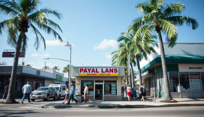 A vibrant Mississippi street scene with a payday loan storefront, people walking by, palm trees, and a clear blue sky.